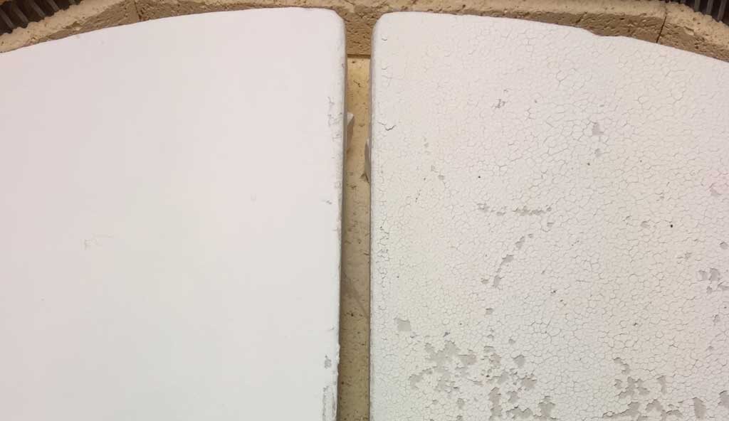 Two kiln shelves, the wash on one is even and perfect, the other is flaking and falling off