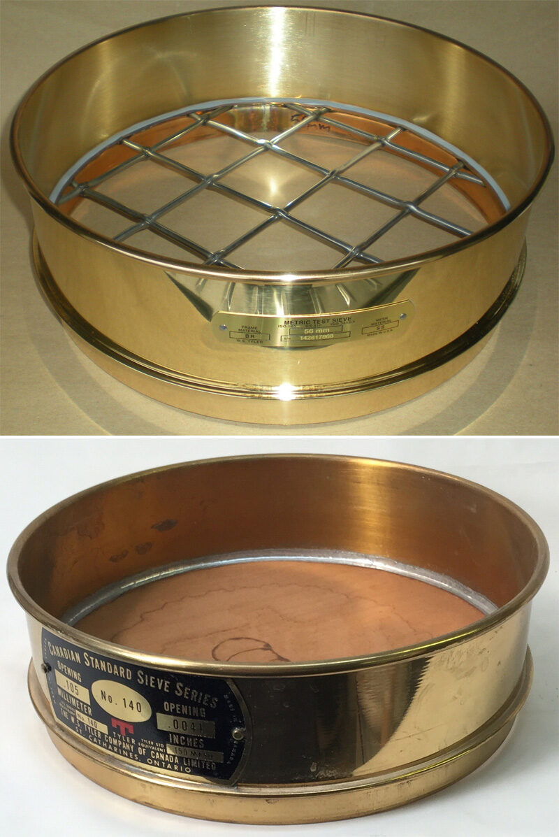 Two examples of high quality brass laboratory sieves Two example of high quality brass laboratory sieves