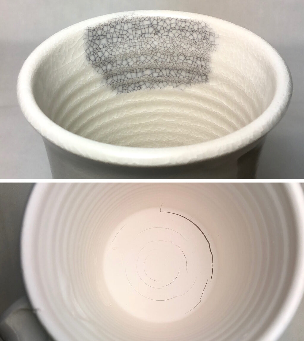 Crazing has been enhanced by ink. A porcelain cup with serious crazing and base crack concentric to the center