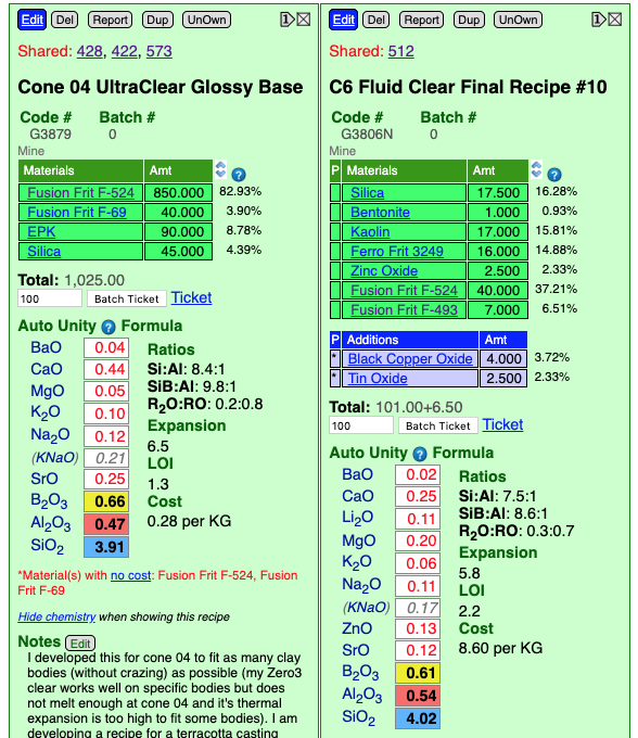 Insight-live screenshot showing cone 04 and 6 glazes having very similar chemistry