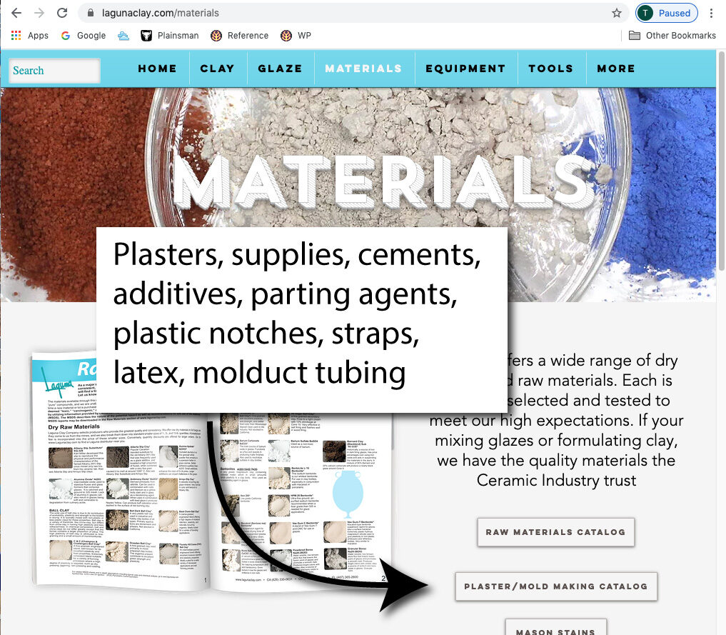 Screenshot of Laguna clays plaster products page