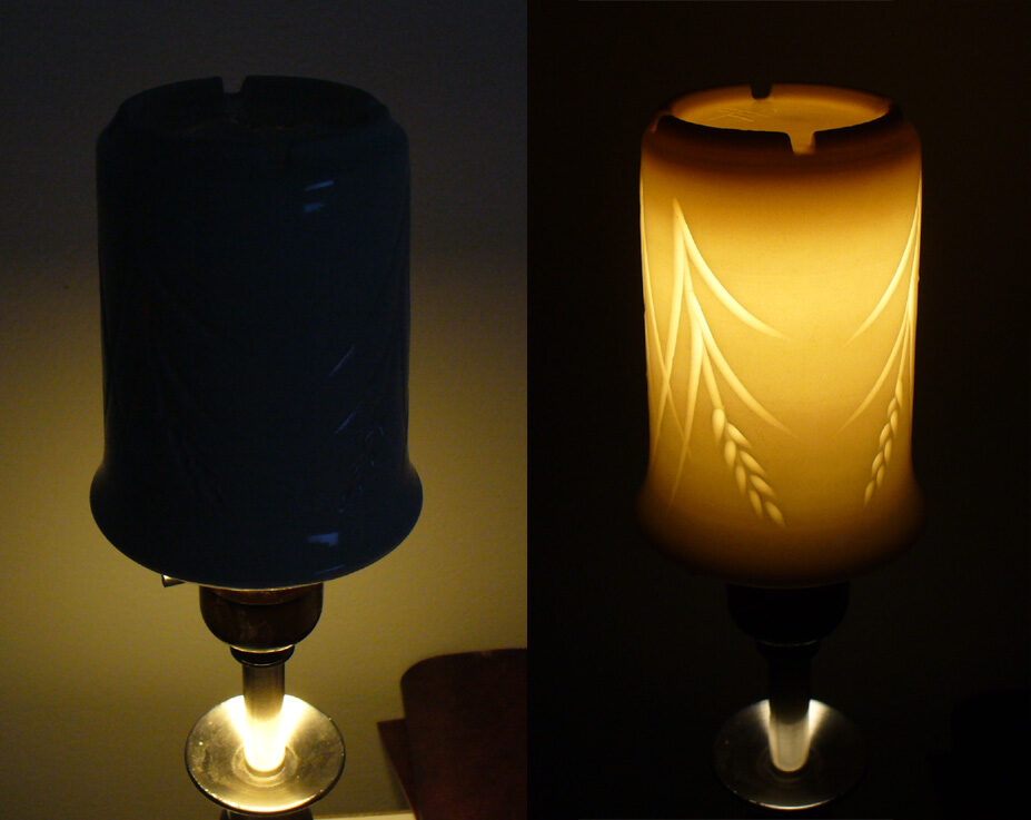 Two porcelain cups, one is translucent Polar Ice porcelain mug with a light inside to demonstrate its translucency