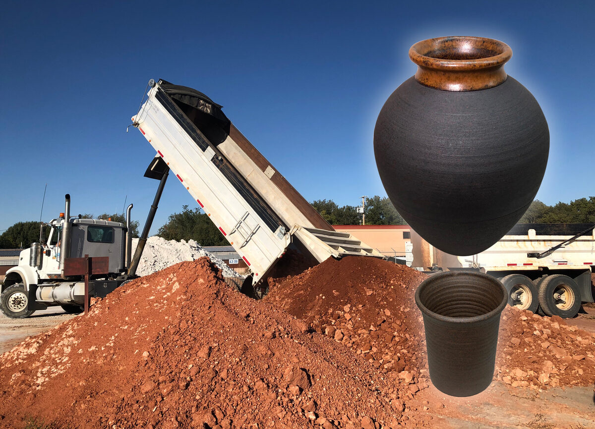 Dump trucks delivering the bright red lump clay to the Plainsman plant