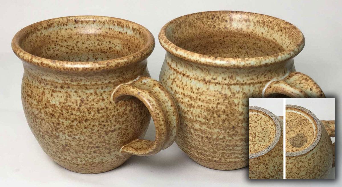 A pottery mug has a glaze the stains easily