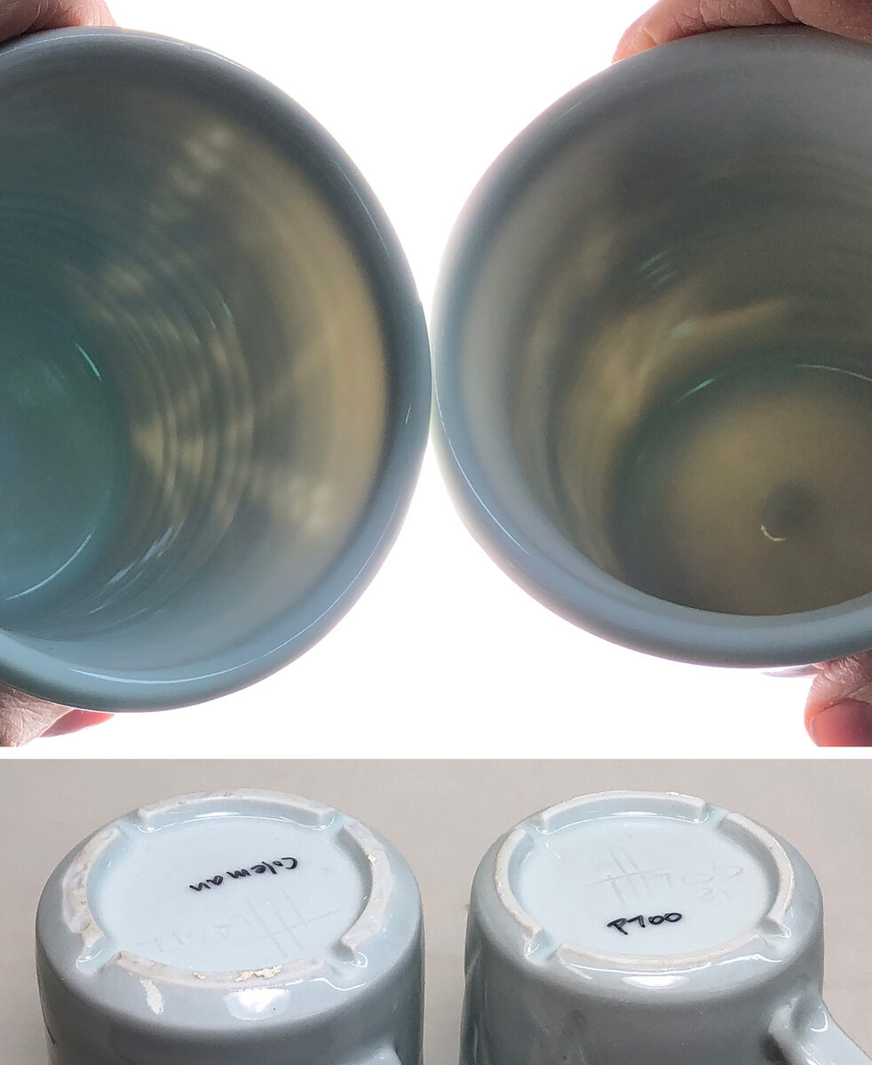 Sunlight compares the translucency of two porcelain mugs