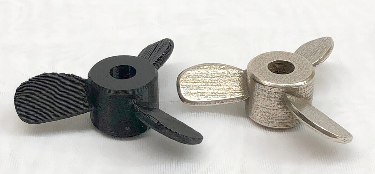 Plastic and stainless steel 3D printed propeller side-by-side