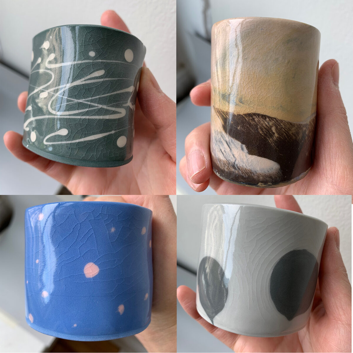 Four cast porcelain mugs with four different commercial glazes. All crazed! Four cast porcelain mugs with four different commercial glazes. All crazed!
