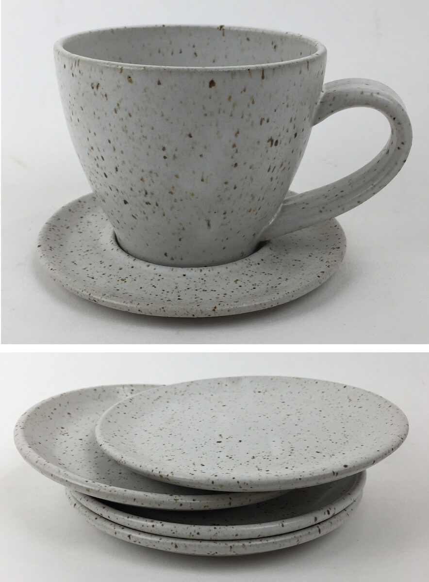 White manganese speckled cone 6 cup and saucer