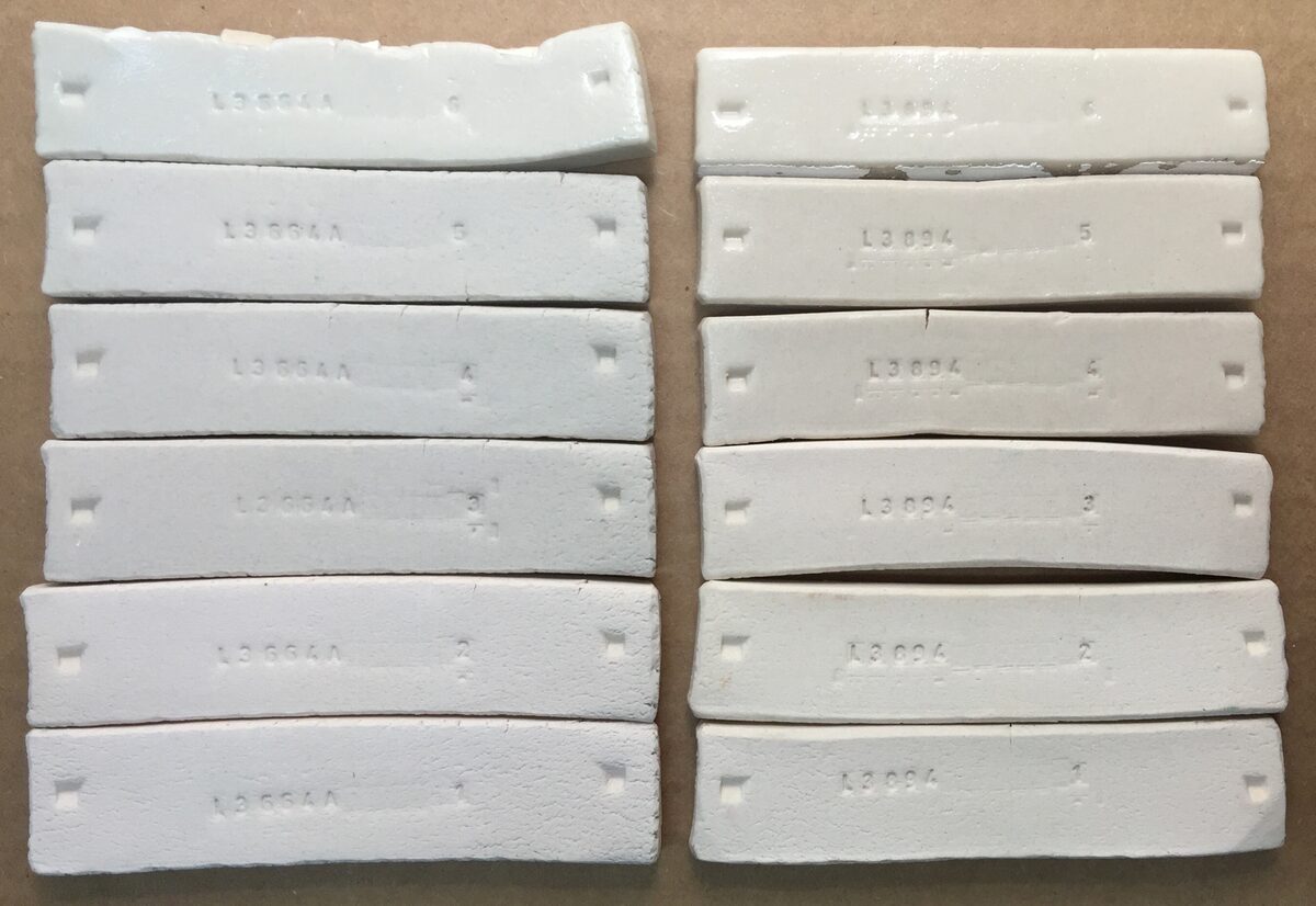 PV Clay test bars fired at six different temperatures