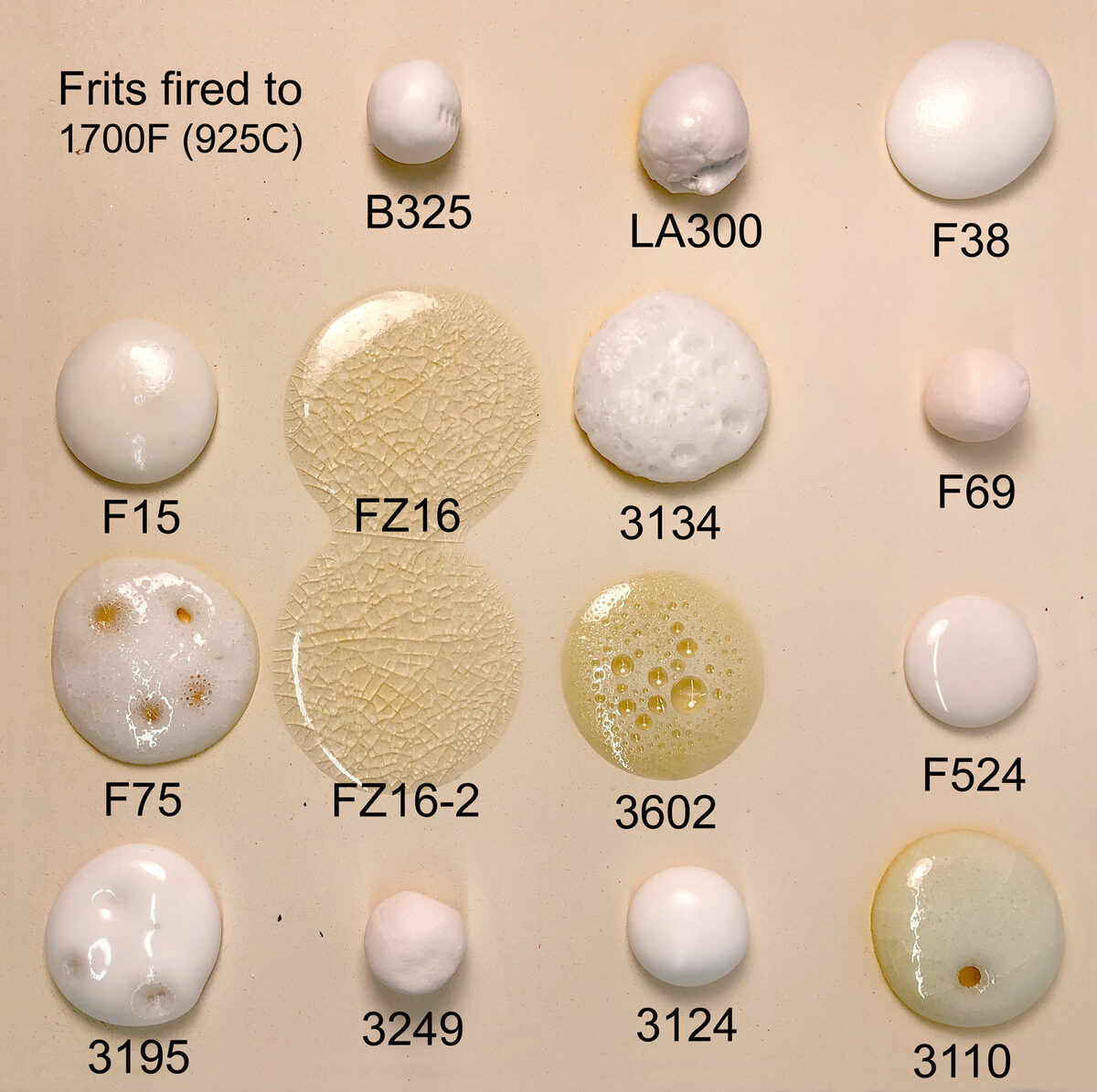 Melted balls of 15 frits on a ceramic tile