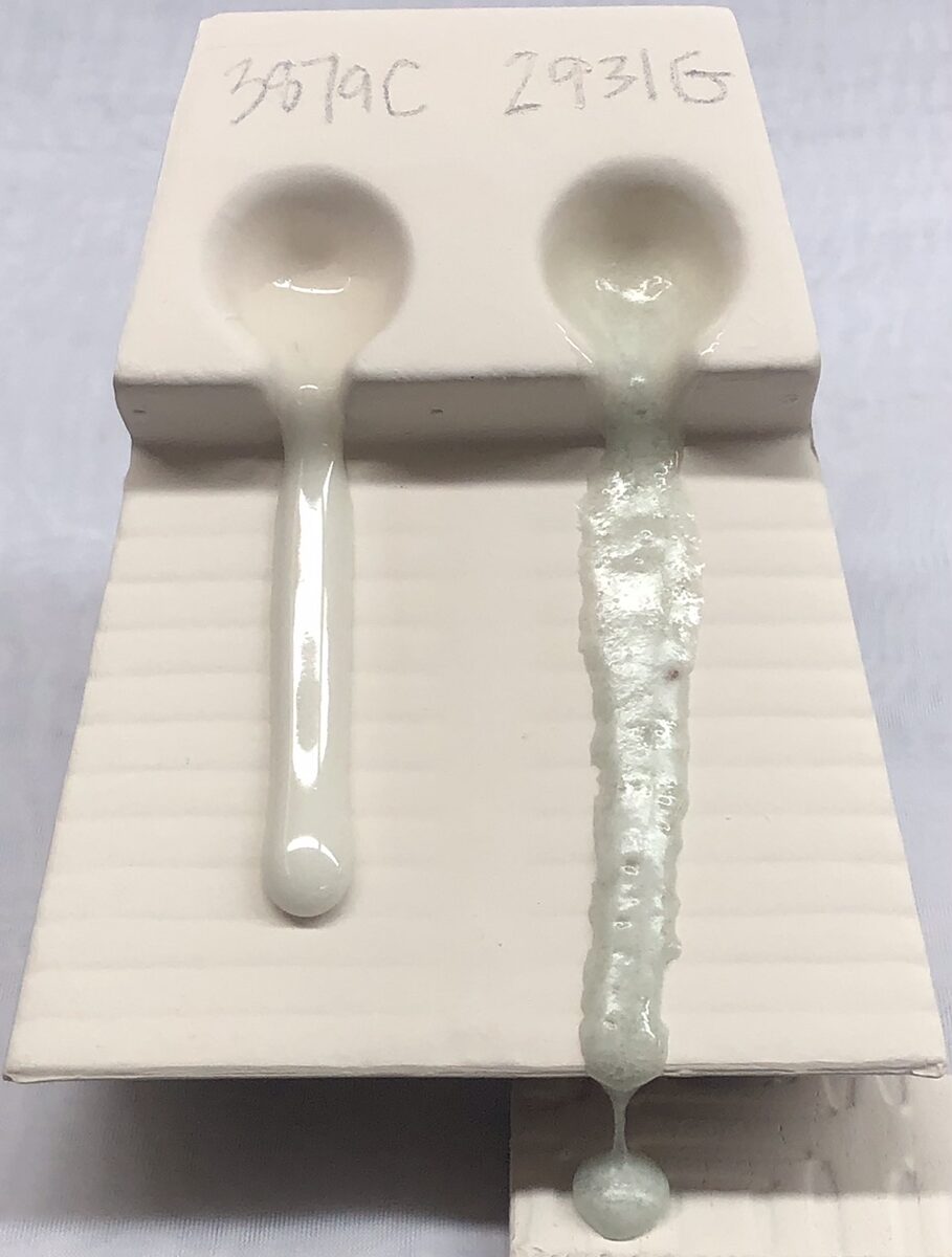 A melt flow comparison between two glazes