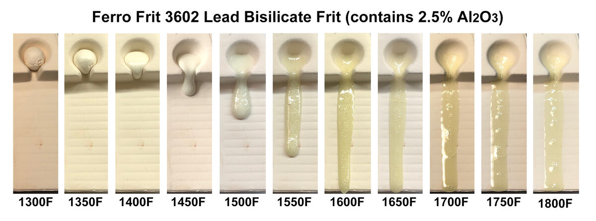A 9 gram ball of frit melts and flows downward more and more as temperature increases.
