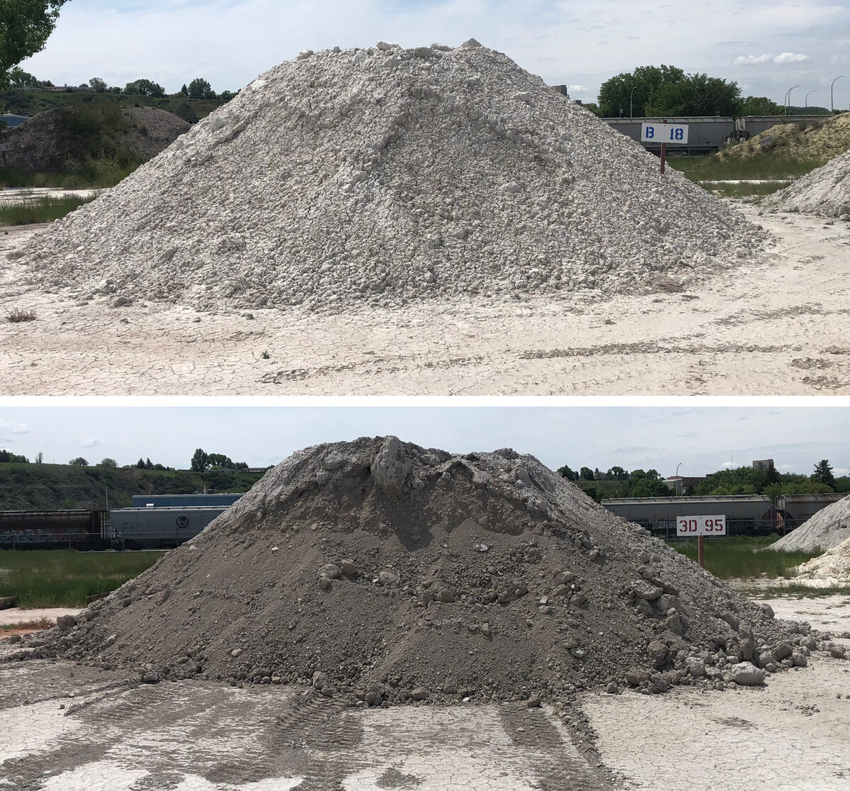 The 3B was mined in 2018, the 3D in 1995. They are from the Whitemud Formation. Two piles of raw clay behind the Plainsman Clays factory