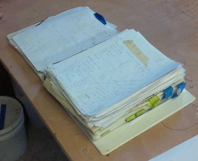 A messy binder that someone uses to store their glaze recipes
