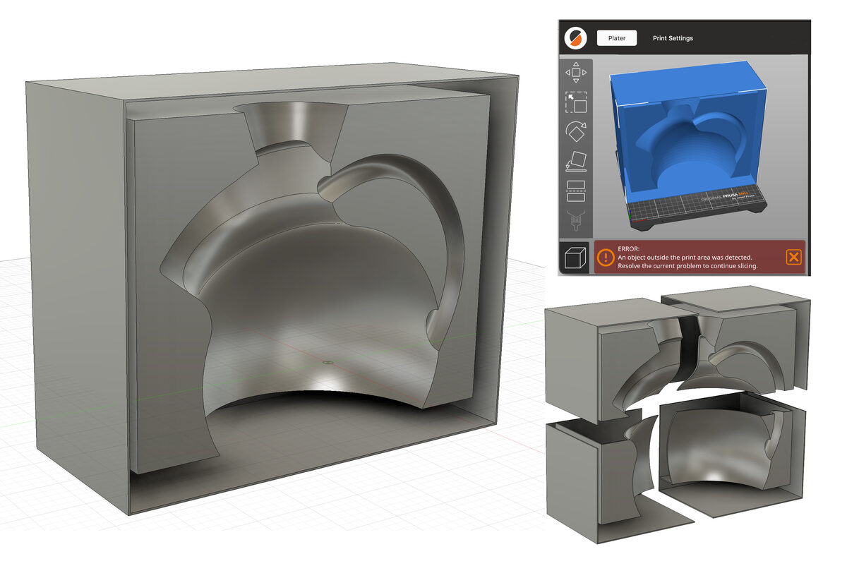 Breaking a 3D print into four pieces